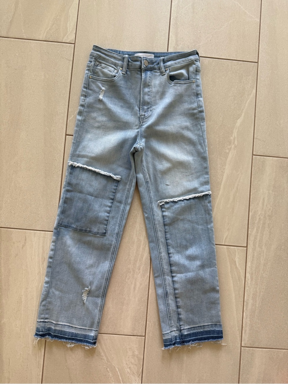 RISEN High Rise Crop Straight Jeans 7/28 Patch Pocket Distressed Raw Hem